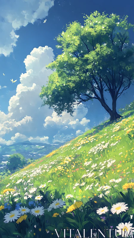 Sunny hillside meadow with wildflowers and single tree.