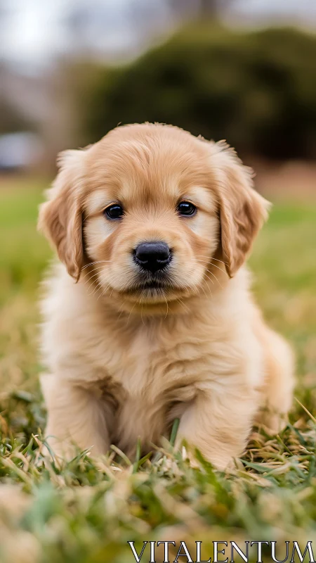 Photorealistic golden retriever puppy portrait on lawn backdrop.