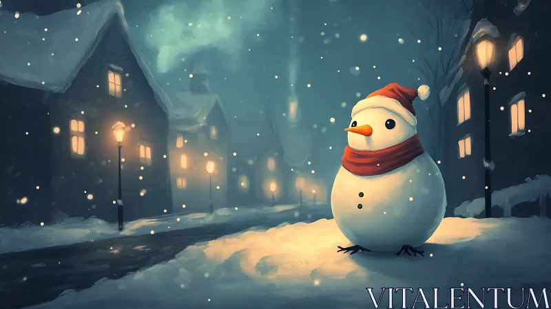 Nocturnal snowman under lamplight in winter village street.