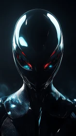 Futuristic biomechanical alien portrait glows with red eyes