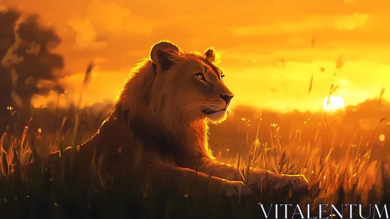 Golden-lit lion resting in tall grass at sunset panorama.