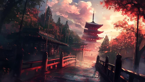 Crimson dusk strolls past a serene mountain pagoda dream