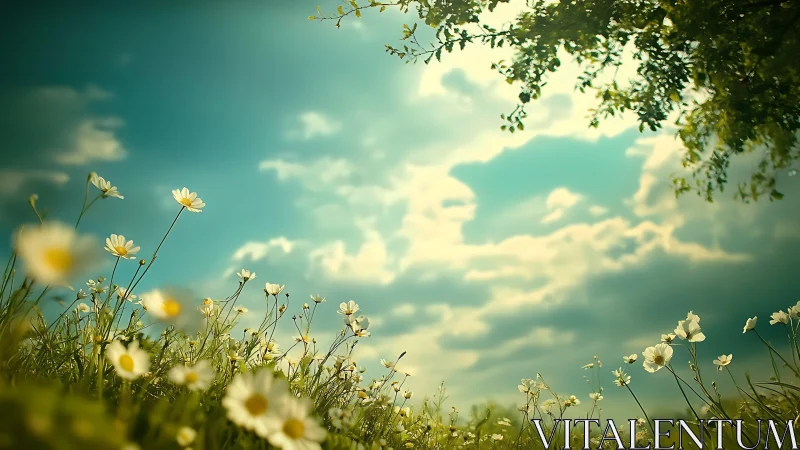 Warm sunlight bathes wild daisies under soft summer clouds