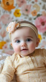 Infant Portrait with Peach Floral Headband Against Botanical Backdrop
