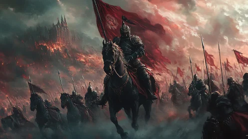 Epic red cavalry charge before burning gothic citadel digital painting.