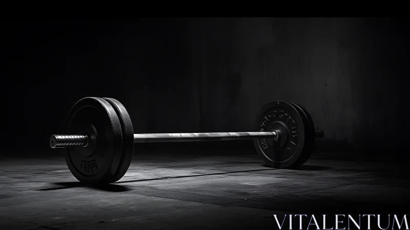 Isolated Olympic barbell in low key industrial gym lighting.