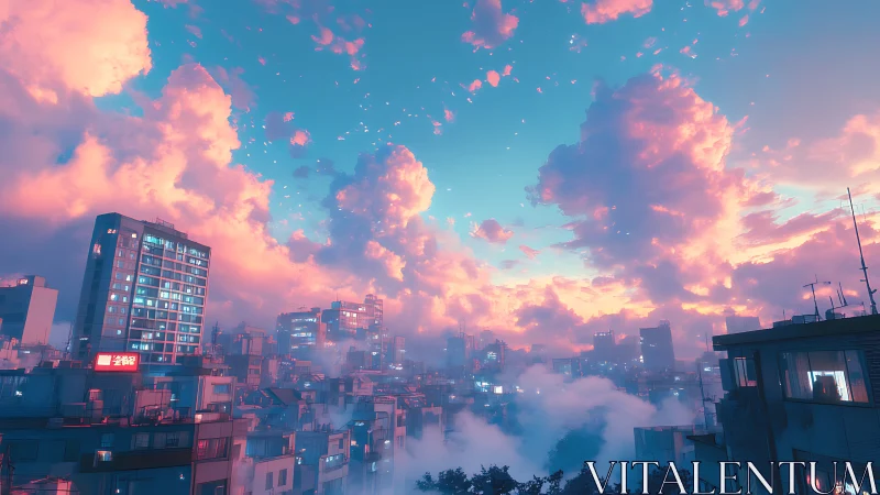 Volumetric cloudscape over neon-tinged highrise skyline.