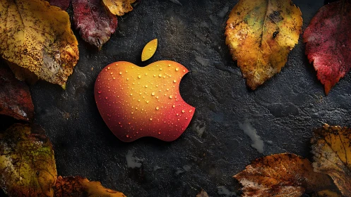 Apple-shaped emblem with droplets amid autumn leaves.