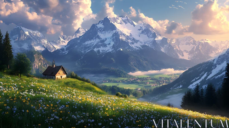 Mountain valley with sunlit meadow and solitary chapel