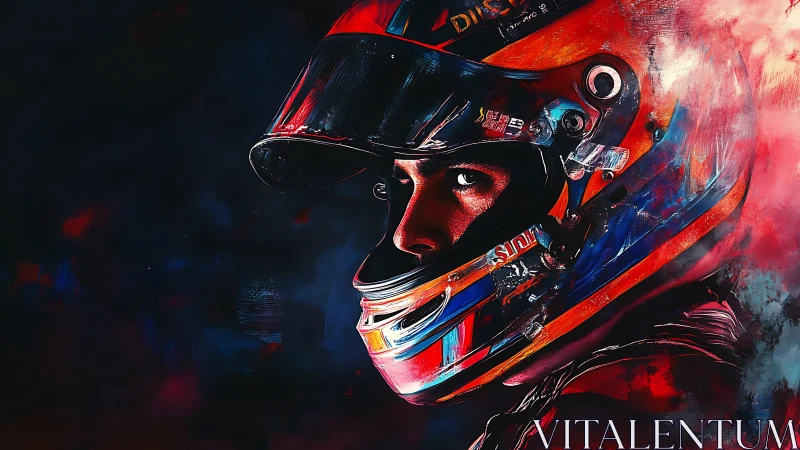 Racing driver’s intense gaze cuts through swirling neon smoke