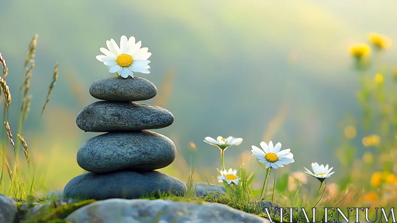 Stacked river stones with daisy flowers in soft daylight.