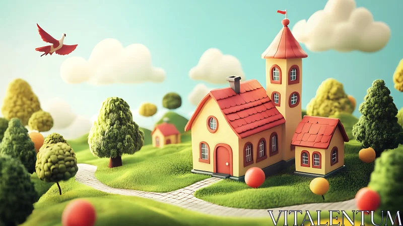 Whimsical 3D village church rendered with soft toy-like forms