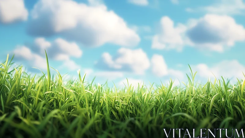 Close-up green grass field under bright blue sky view.