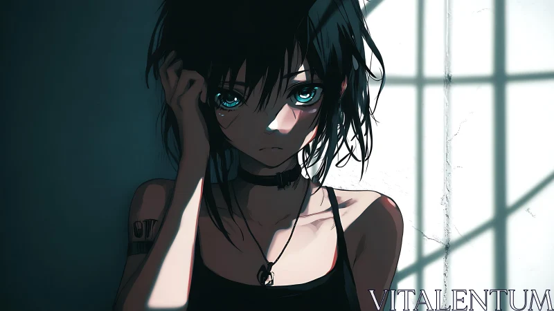 Moody anime girl in split light with teal reflective eyes.