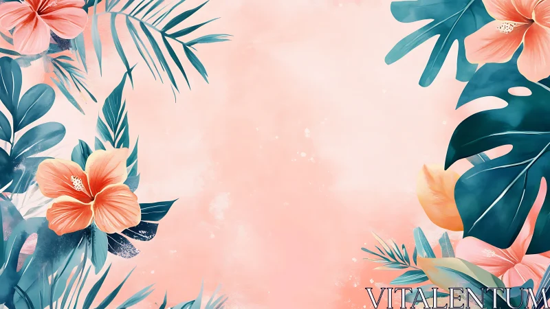 Tropical floral composition with layered botanical elements and soft color gradients