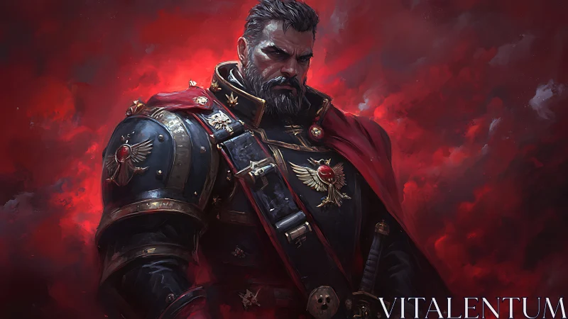 Stoic space commander in crimson storm of swirling fire.