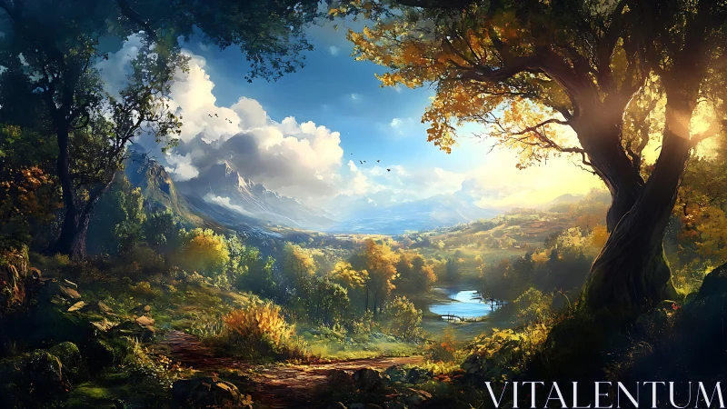 Alpine vista framed through ancient trees with golden hour lighting.