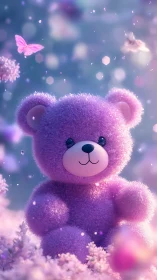 Lavender teddy bear sits in dreamy pastel fantasy garden.