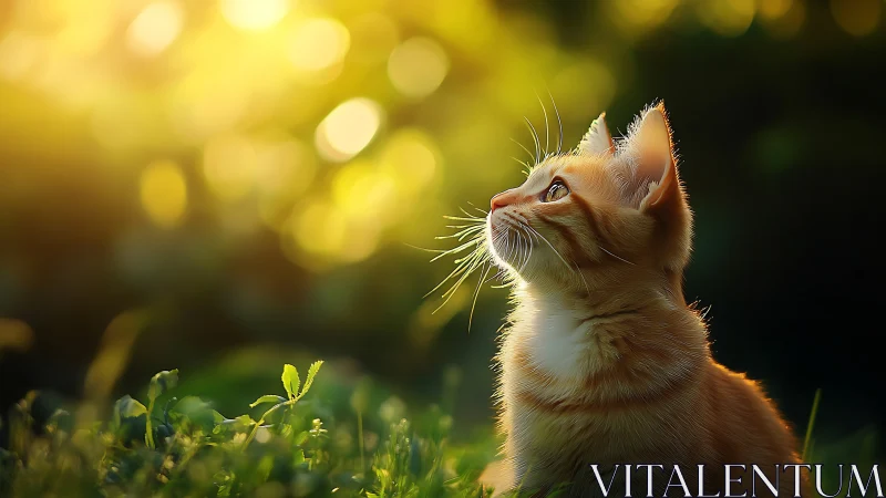 Golden light bathes a curious kitten in peaceful evening glow