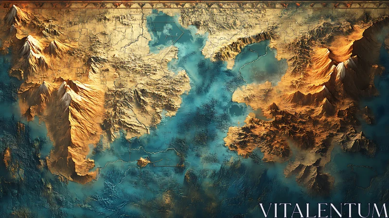 Relief map shows stylized mountainous landmasses amid water
