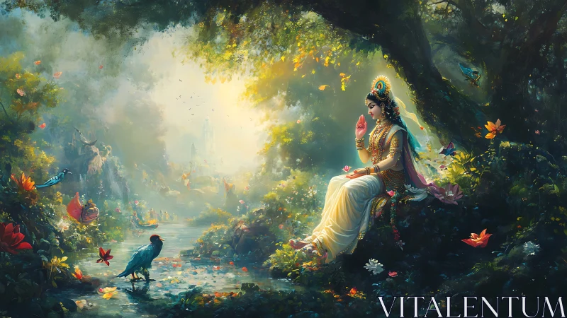 Divine woman sits by forest stream surrounded by birds