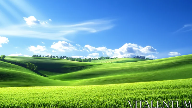 Gentle green hills rolling under bright, storybook skies.