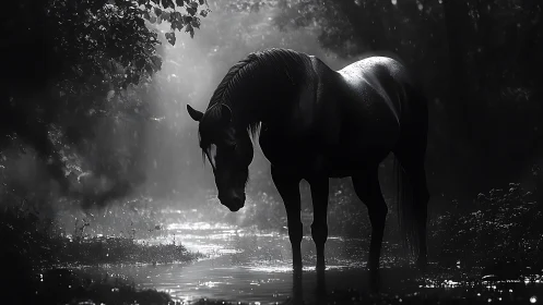 Solitary horse standing in shallow forest stream at dusk.