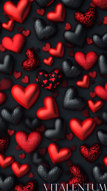 Three-Dimensional Heart Composition: Volumetric Red and Charcoal Textured Objects