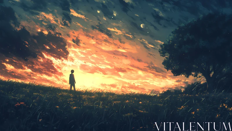 Backlit silhouette studies under multi-moon sunset sky gradient