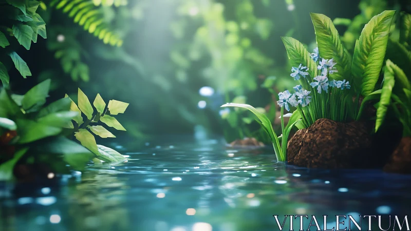 Luminous forest stream with stylized foliage rendered in 3D