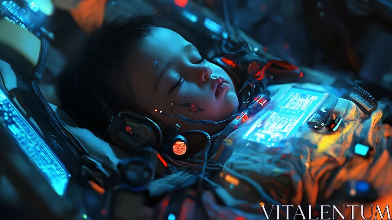 Cybernetic infant sleeps inside illuminated stasis cradle