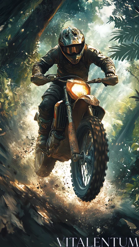 Enduro rider powers through sunlit jungle trail spray