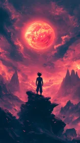 Silhouette observes luminous red celestial body in sky
