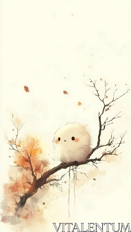 Fluffy white creature perches quietly on sparse autumn branch