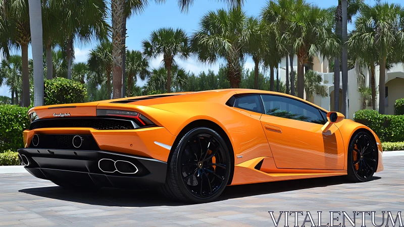Sunlit orange supercar resting beneath tropical palm trees.