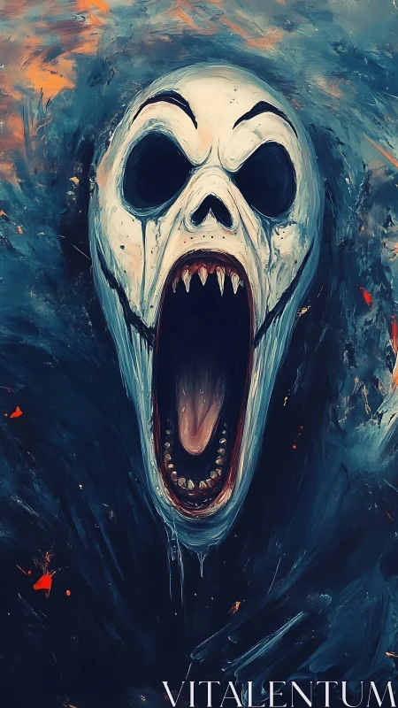 Howling specter skull amid swirling dark brushstrokes.