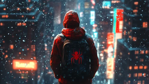 Hooded figure in red suit with spider emblem in snowy city.