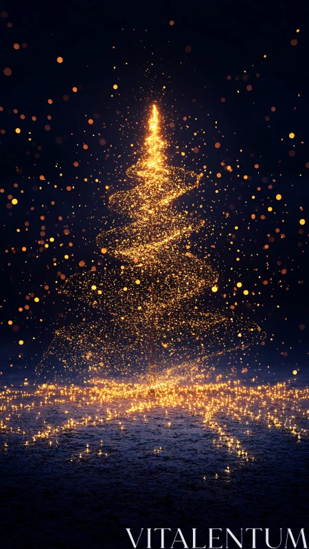 Glowing golden Christmas tree made of sparkling stardust.