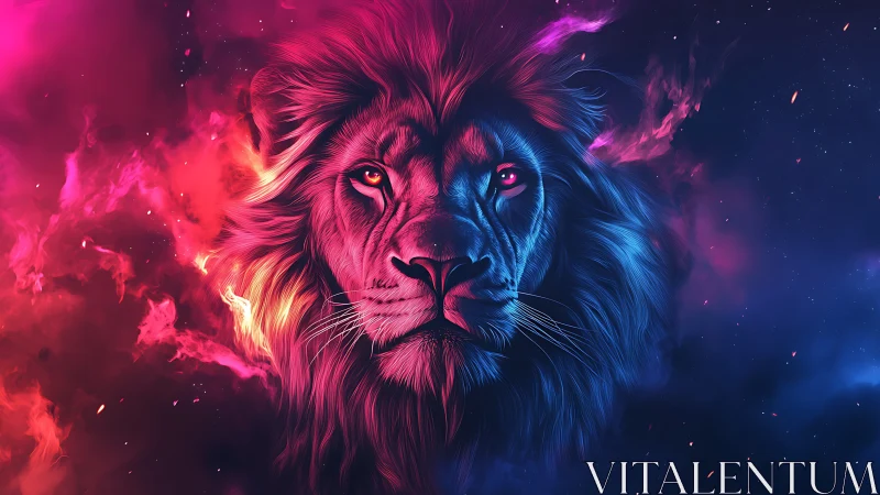 Cosmic lion portrait in vivid magenta and electric blue glow.