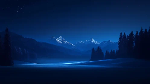 Moonlit alpine valley glows beneath deep blue night sky