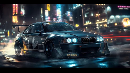 Tuned BMW street racer drifts through neon city at night