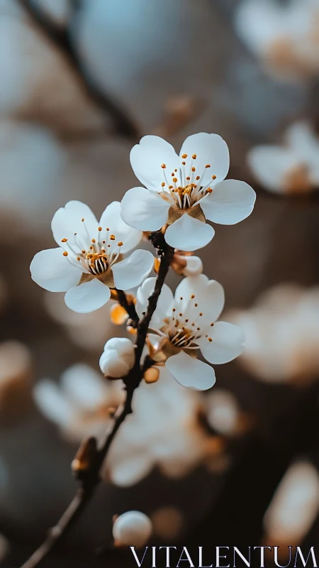White blossoms on dark branch with orange stamens in sharp focus.