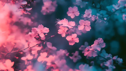 Neon cherry blossoms glow in dreamy teal and pink haze.