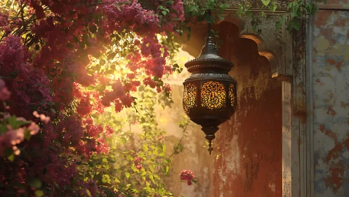 Intricate metal lantern casts patterned light beside sunlit bougainvillea