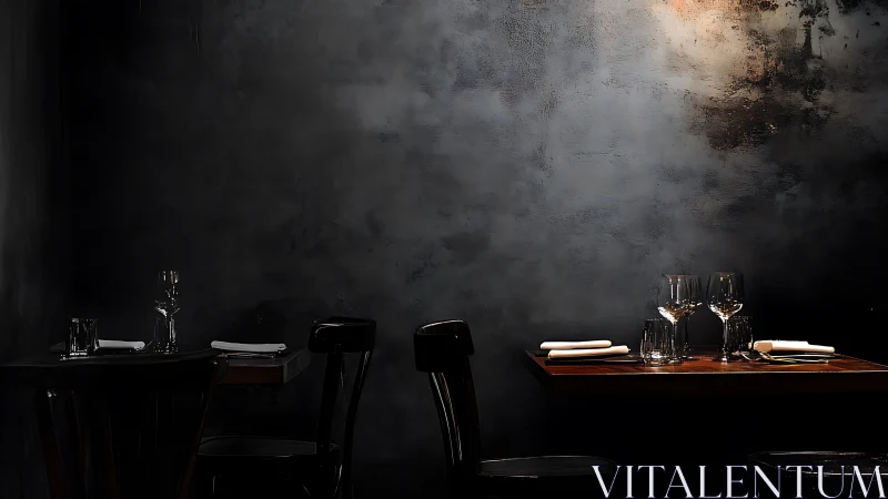 Dimly lit restaurant tables stand ready with glassware