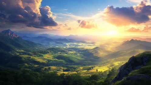 Radiant sunrise pours over expansive green mountain valley
