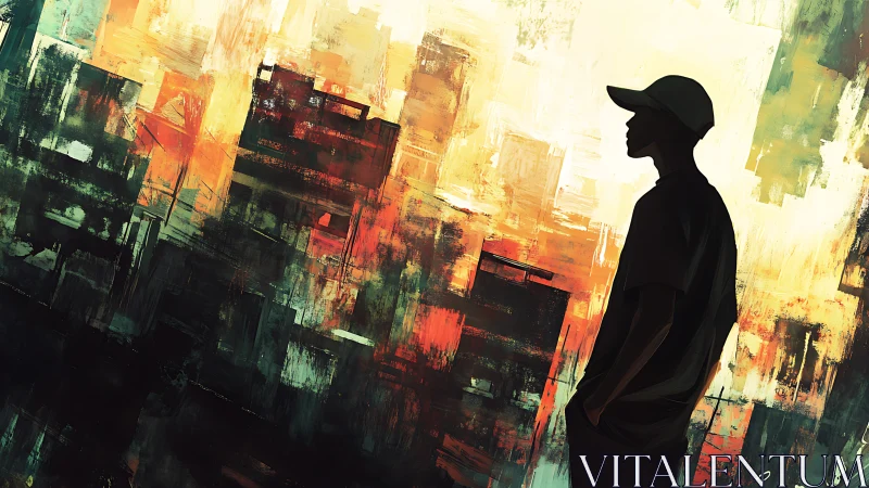 Silhouetted figure studies abstract urban skyline at dusk