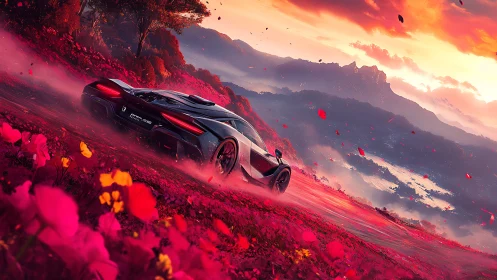 Futuristic hypercar drifts through neon scarlet valley at dusk.