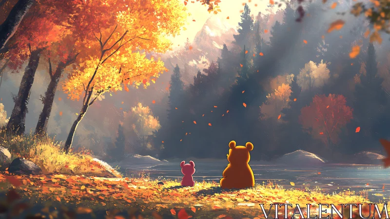 Autumn forest bears rest quietly beside a glowing lakeshore.