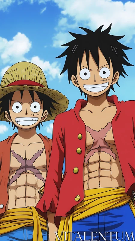 Twin straw-hat daredevils grinning beneath an ocean sky.